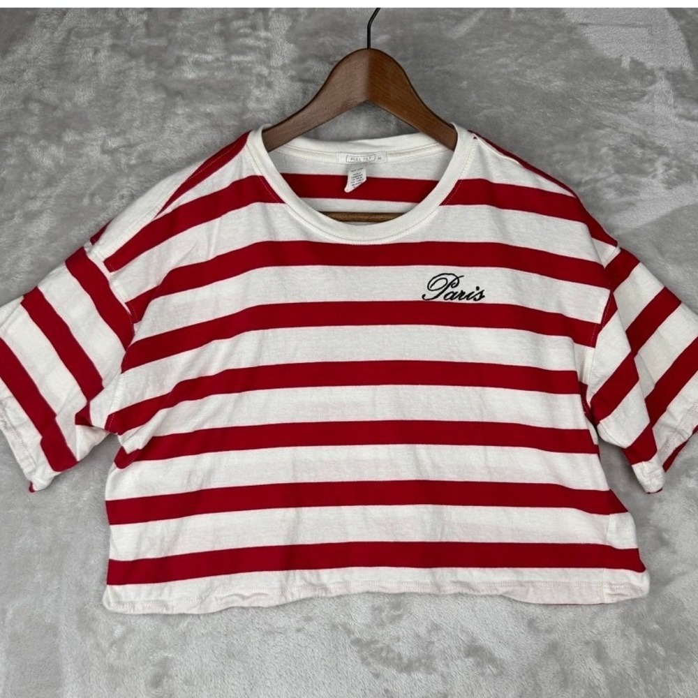Paris Striped Cropped‎ T Shirt Women Size XL Red White